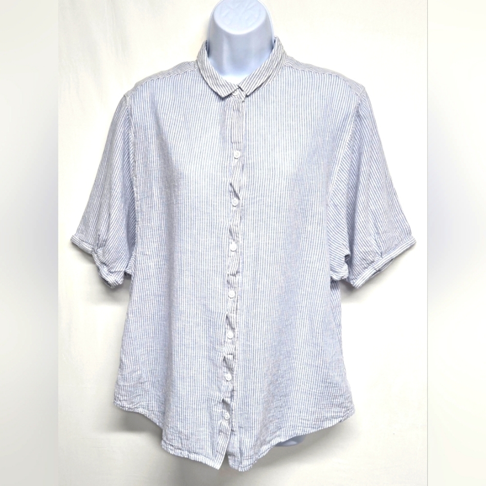 Beachlunchlounge M Nautical Striped Linen Cotton Buttin Down Shirt Top